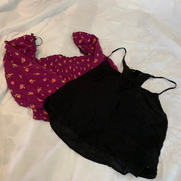Forever 21 Black Sheer Cropped Top and Raspberry Floral Smocked Crop Size S - Picture 1 of 15